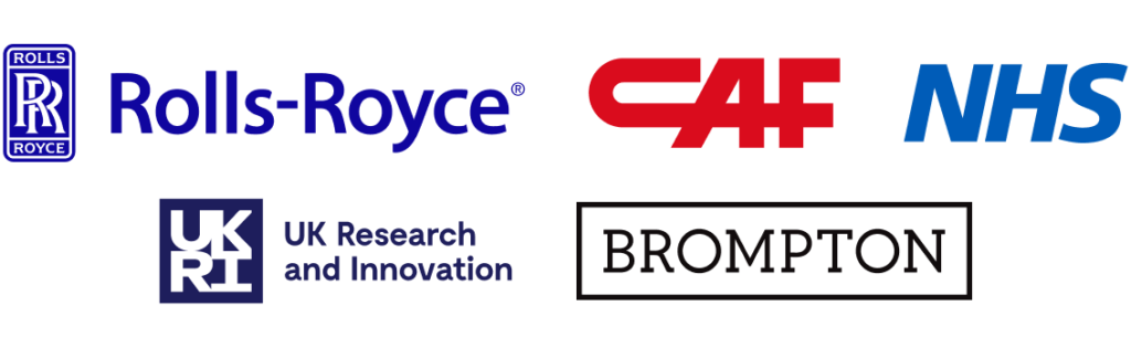 Customer logos including Rolls-Royce, CAF, NHS, UKRI and Brompton