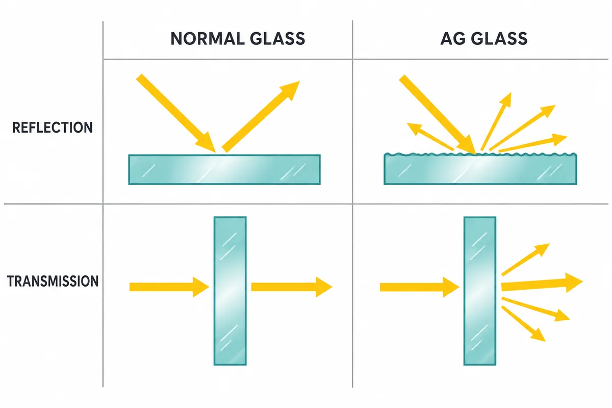 Diagram showing AG glass scattering, not reducing, reflected light
