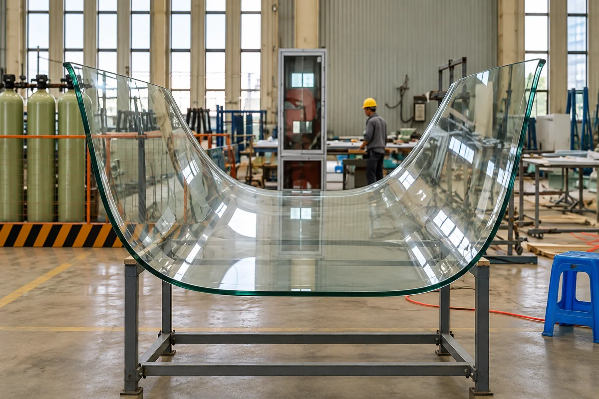 Large bent tempered glass panel