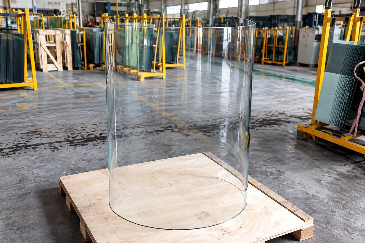 Large cylindrical bent glass sheet in a workshop
