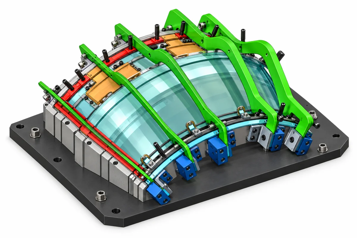 Curved glass panel held on a forming and measurement fixture