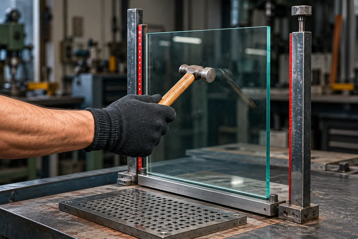 IK10 impact test on a tempered glass panel