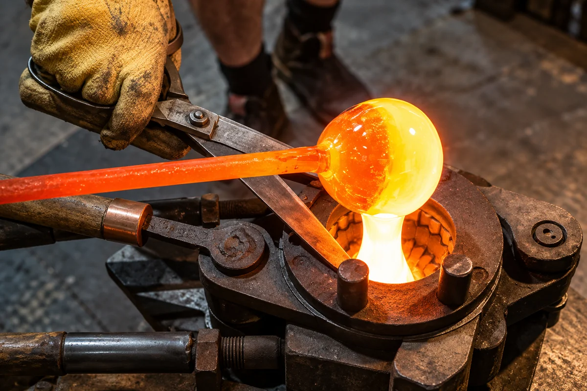 Hot glass gob being pressed in a mold