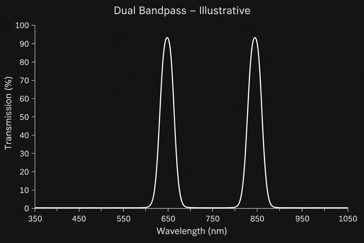 Measured transmission curve of a visible plus 850 nm dual bandpass filter