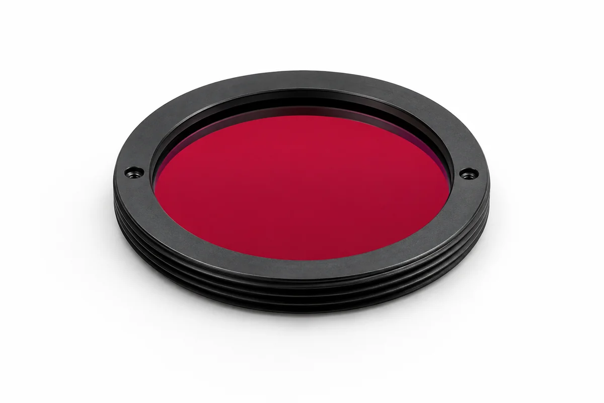 Red bandpass filter in a black optical mount