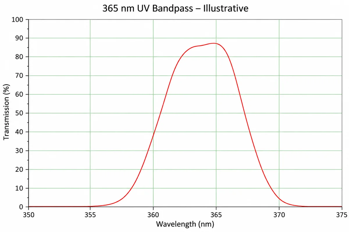 Measured transmission curve of a 365 nm UV bandpass filter