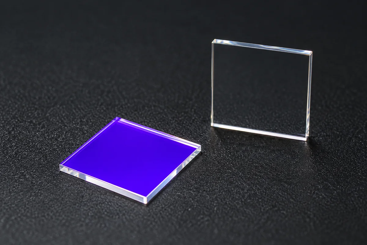 Square UV bandpass filter on a dark surface