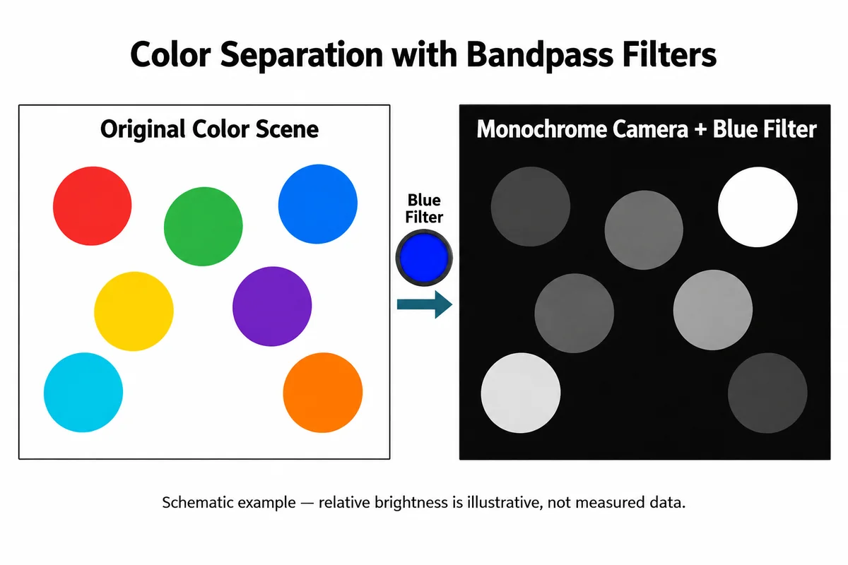 Monochrome images of the same part through different color bandpass filters