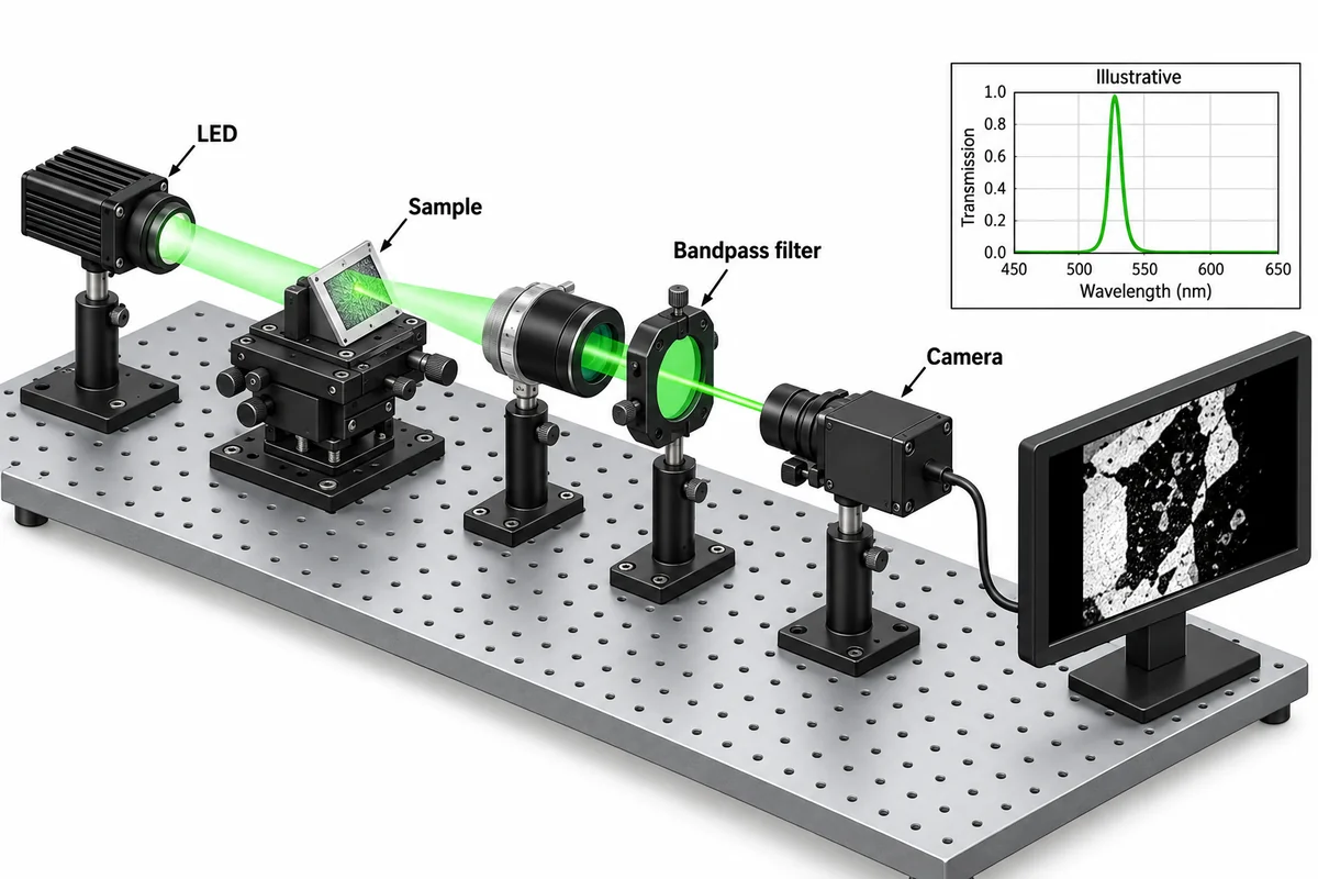 Optical bench used to test visible bandpass filter performance
